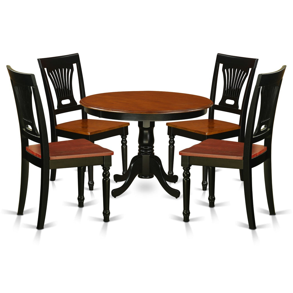 Juego de mesa de cocina de 5 piezas East West Furniture HLPL5-BCH-W para 4 personas. Incluye una mesa de comedor redonda con pedestal y 4 sillas de comedor.