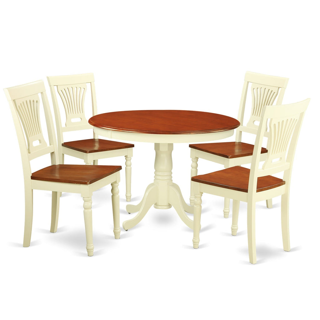 East West Furniture HLPL5-BMK-W 5 Piece Dining Room Furniture Set Includes a Round Kitchen Table with Pedestal and 4 Dining Chairs, 42x42 Inch, Buttermilk & Cherry