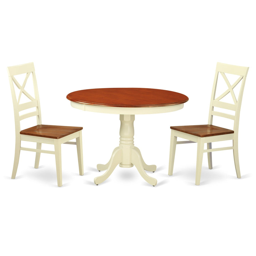 Juego de mesa de comedor de 3 piezas HLQU3-BMK-W de East West Furniture. Contiene una mesa de cocina redonda con pedestal y 2 sillas de comedor.