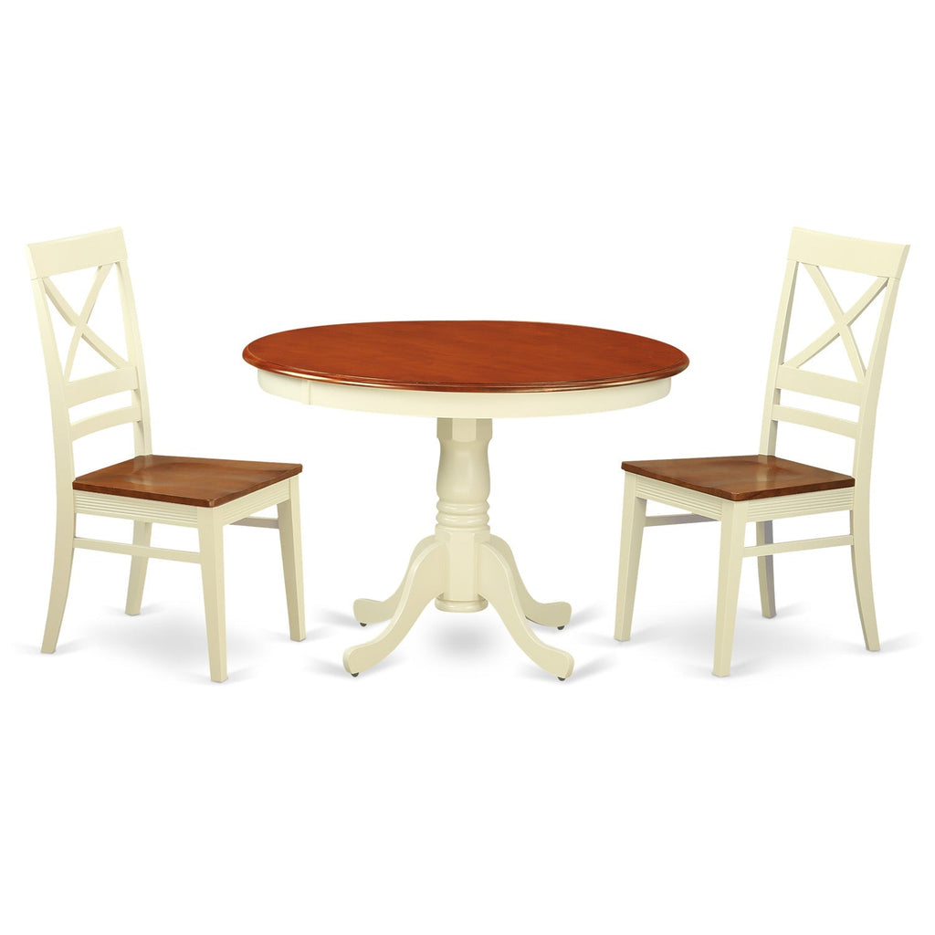 East West Furniture HLQU3-BMK-W 3 Piece Dining Room Table Set  Contains a Round Kitchen Table with Pedestal and 2 Dining Chairs, 42x42 Inch, Buttermilk & Cherry