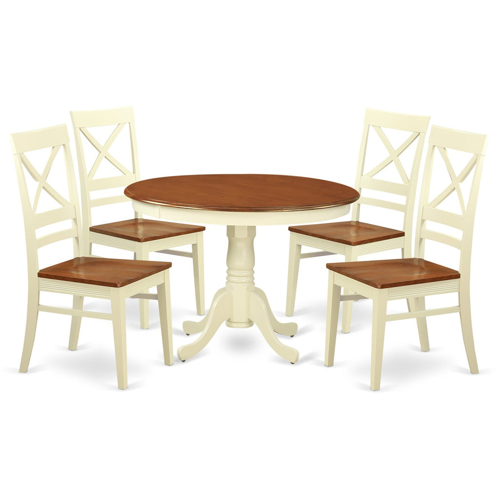 Juego de mesa de comedor de 5 piezas East West Furniture HLQU5-BMK-W para 4 personas. Incluye una mesa de cocina redonda con pedestal y 4 sillas de comedor.