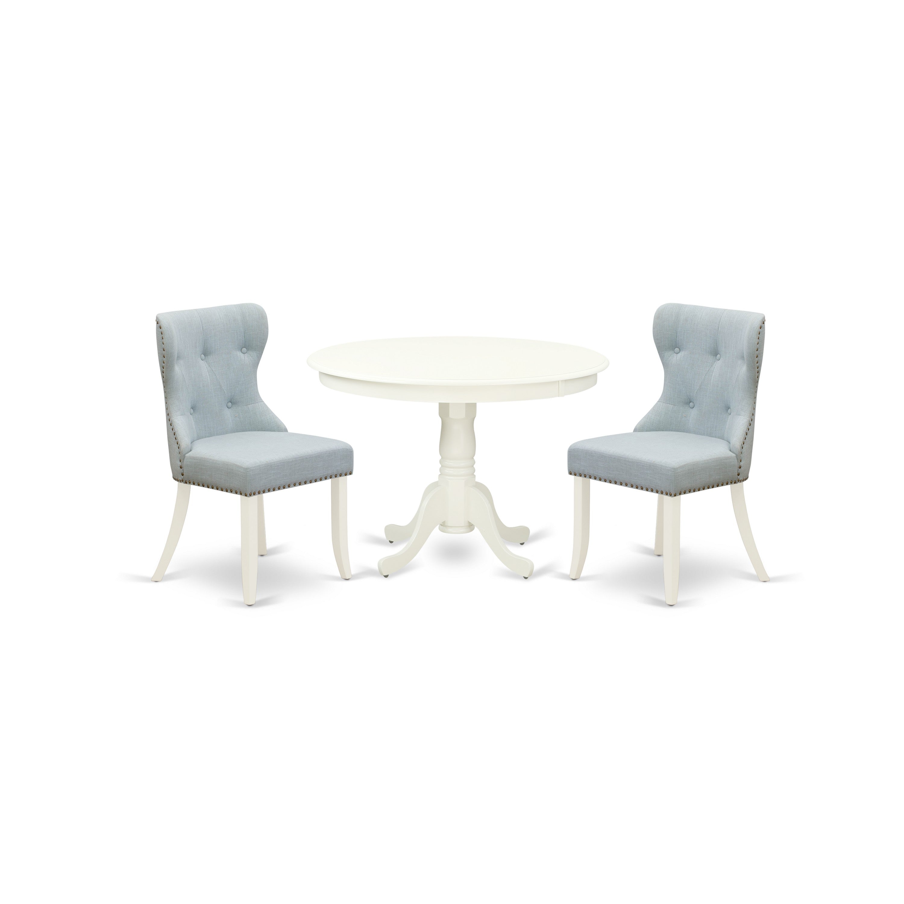 East-West Furniture HLSI3-LWH-15 - A modern dining table set of two fantastic parson dining chairs with Linen Fabric Baby Blue color and a beautiful 42-Inch Antique pedestal kitchen table with Linen White color