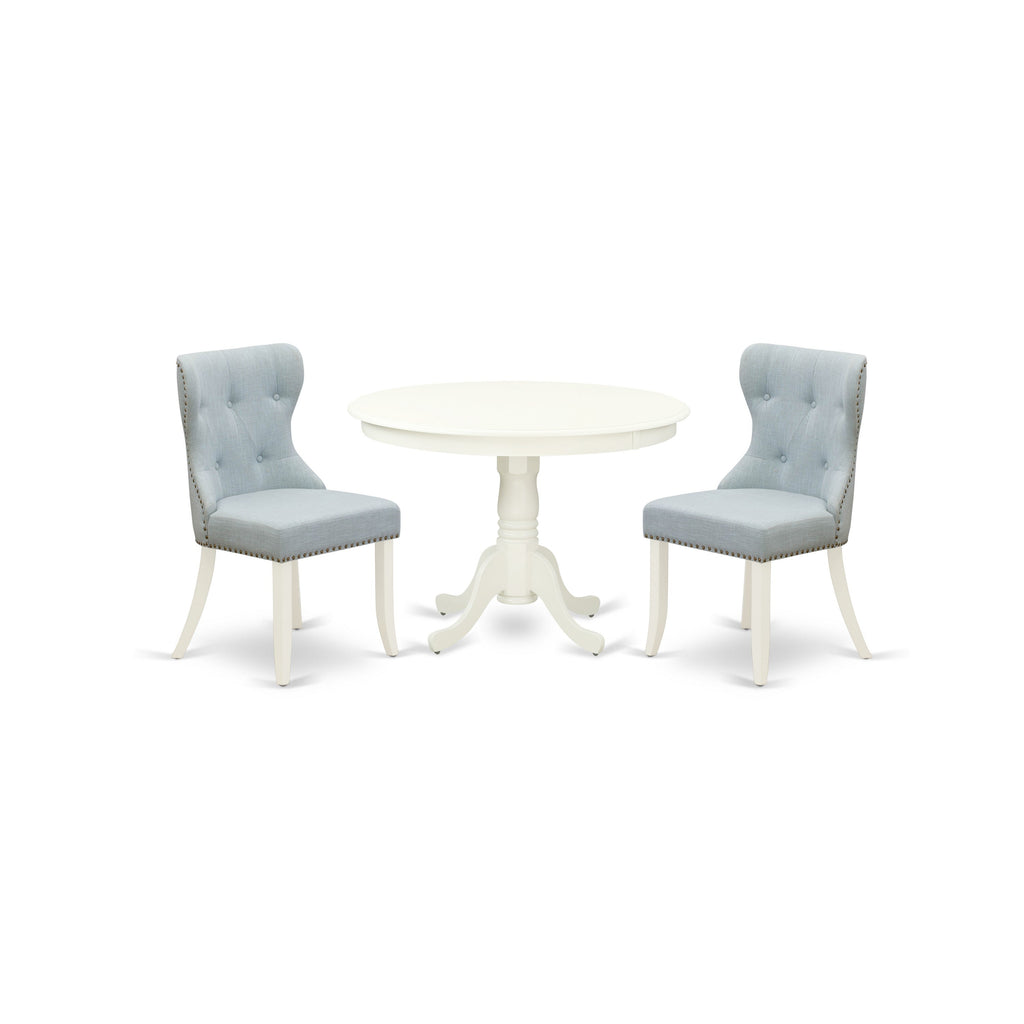 East West Furniture HLSI3-LWH-15 3 Piece Dinette Set for Small Spaces Contains a Round Dining Table with Pedestal and 2 Baby Blue Linen Fabric Upholstered Chairs, 42x42 Inch, Linen White