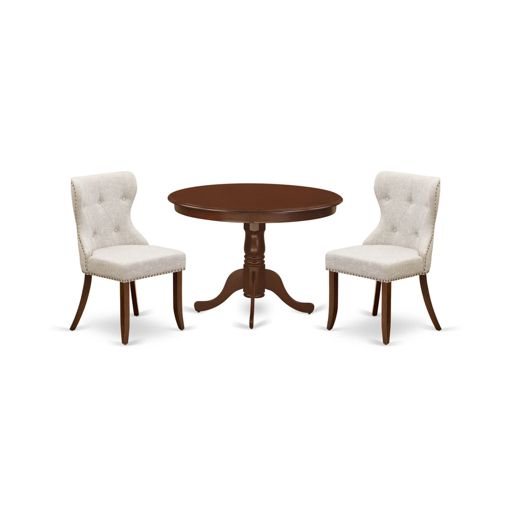 East West Furniture HLSI3-MAH-35 3 Piece Dining Table Set Contains a Round Dining Room Table with Pedestal and 2 Doeskin Linen Fabric Parsons Chairs, 42x42 Inch, Mahogany