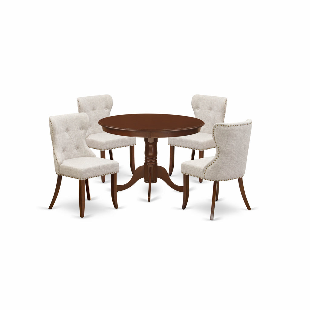 East West Furniture HLSI5-MAH-35 5 Piece Dining Room Furniture Set Includes a Round Dining Table with Pedestal and 4 Doeskin Linen Fabric Upholstered Parson Chairs