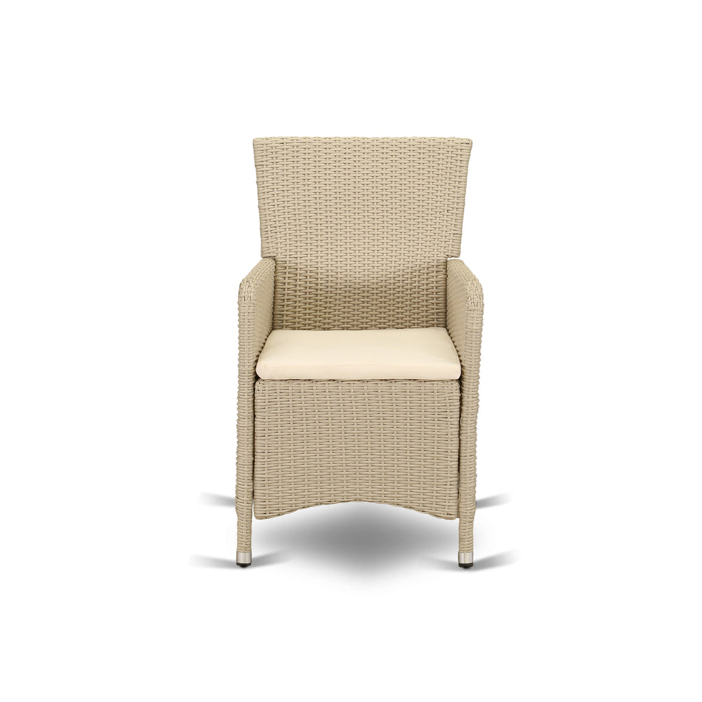 Conjunto de conversación para patio al aire libre de 5 piezas LULU5-53V de East West Furniture. Incluye una mesa de comedor rectangular de mimbre con tapa de vidrio y 4 sillones para balcón y patio trasero con cojín.