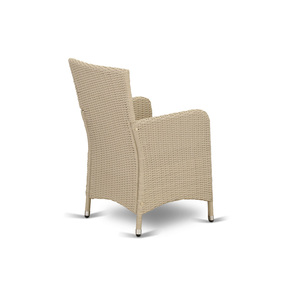 Los juegos de muebles de patio de mimbre para exterior East West Furniture VLLU7-53V de 7 piezas constan de una mesa de comedor de bistró rectangular con tapa de vidrio y 6 sillones de balcón con cojín.
