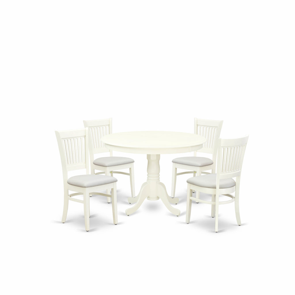 Juego de mesa de cocina de 5 piezas East West Furniture HLVA5-LWH-C para 4 personas. Incluye una mesa de comedor redonda con pedestal y 4 sillas de comedor tapizadas en tela de lino.