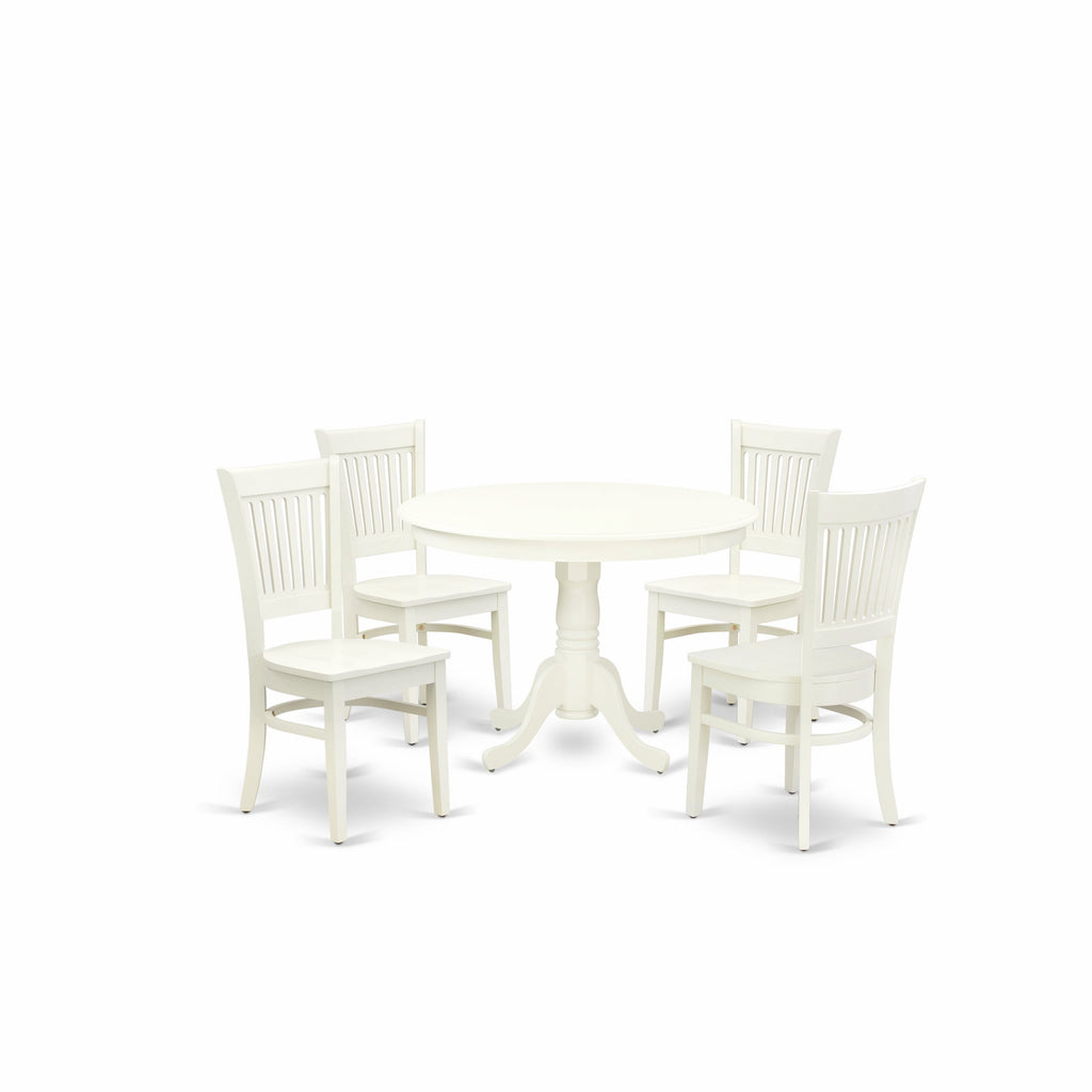 East West Furniture HLVA5-LWH-W 5 Piece Dining Room Furniture Set Includes a Round Kitchen Table with Pedestal and 4 Dining Chairs, 42x42 Inch, Linen White