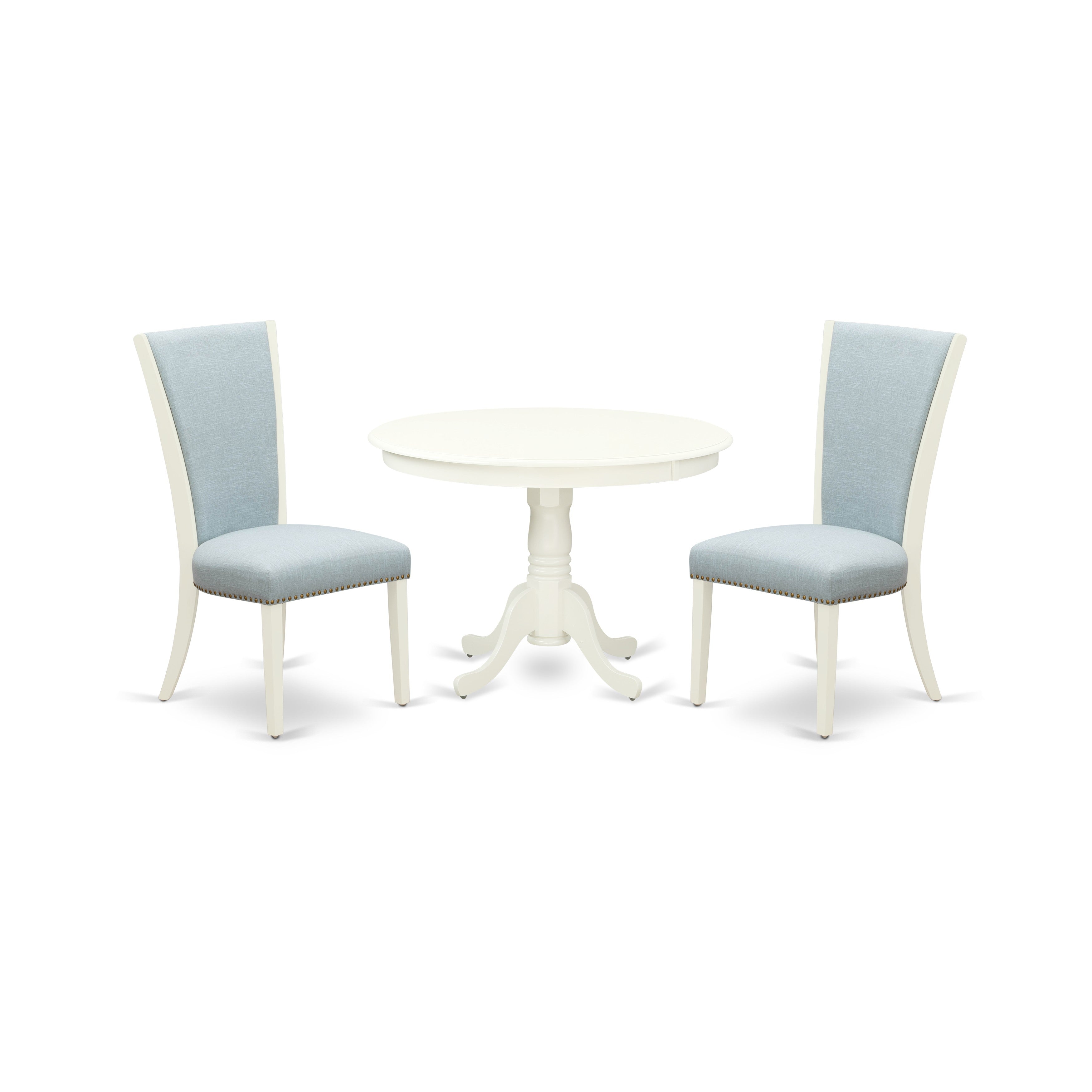 Juego de mesa y sillas de cocina de 3 piezas HLVE3-LWH-15 de East West Furniture. Incluye una mesa de comedor redonda con pedestal y dos sillas Parson de tela de lino azul bebé.