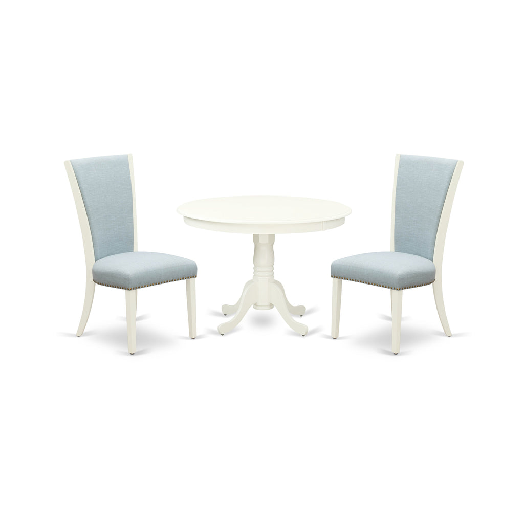 East West Furniture HLVE3-LWH-15 3 Piece Kitchen Table & Chairs Set Contains a Round Dining Room Table with Pedestal and 2 Baby Blue Linen Fabric Parson Chairs