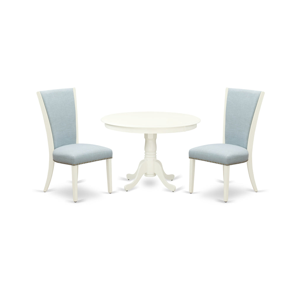 East West Furniture HLVE3-LWH-15 3 Piece Kitchen Table & Chairs Set Contains a Round Dining Room Table with Pedestal and 2 Baby Blue Linen Fabric Parson Chairs, 42x42 Inch, Linen White