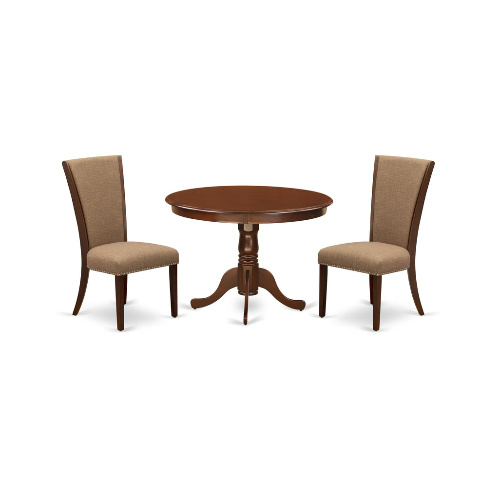 East West Furniture HLVE3-MAH-47 3 Piece Dining Set Contains a Round Dining Room Table with Pedestal and 2 Light Sable Linen Fabric Upholstered Chairs