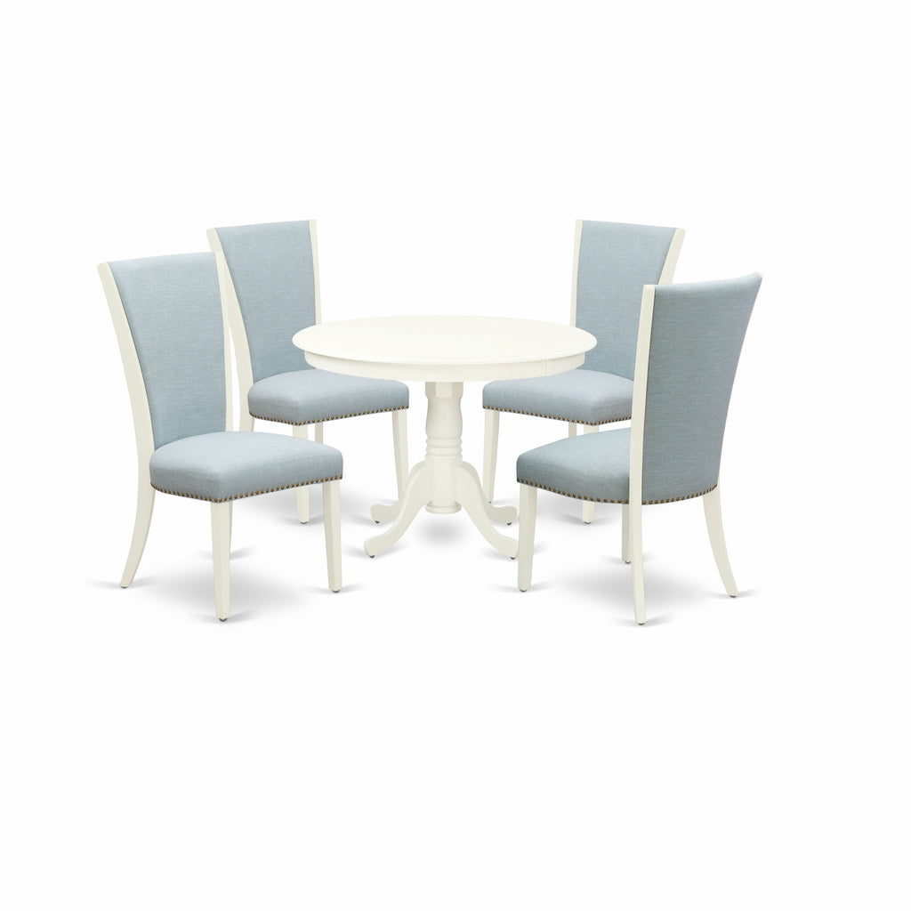 East West Furniture HLVE5-LWH-15 5 Piece Dining Set Includes a Round Dining Room Table with Pedestal and 4 Baby Blue Linen Fabric Upholstered Chairs, 42x42 Inch, Linen White