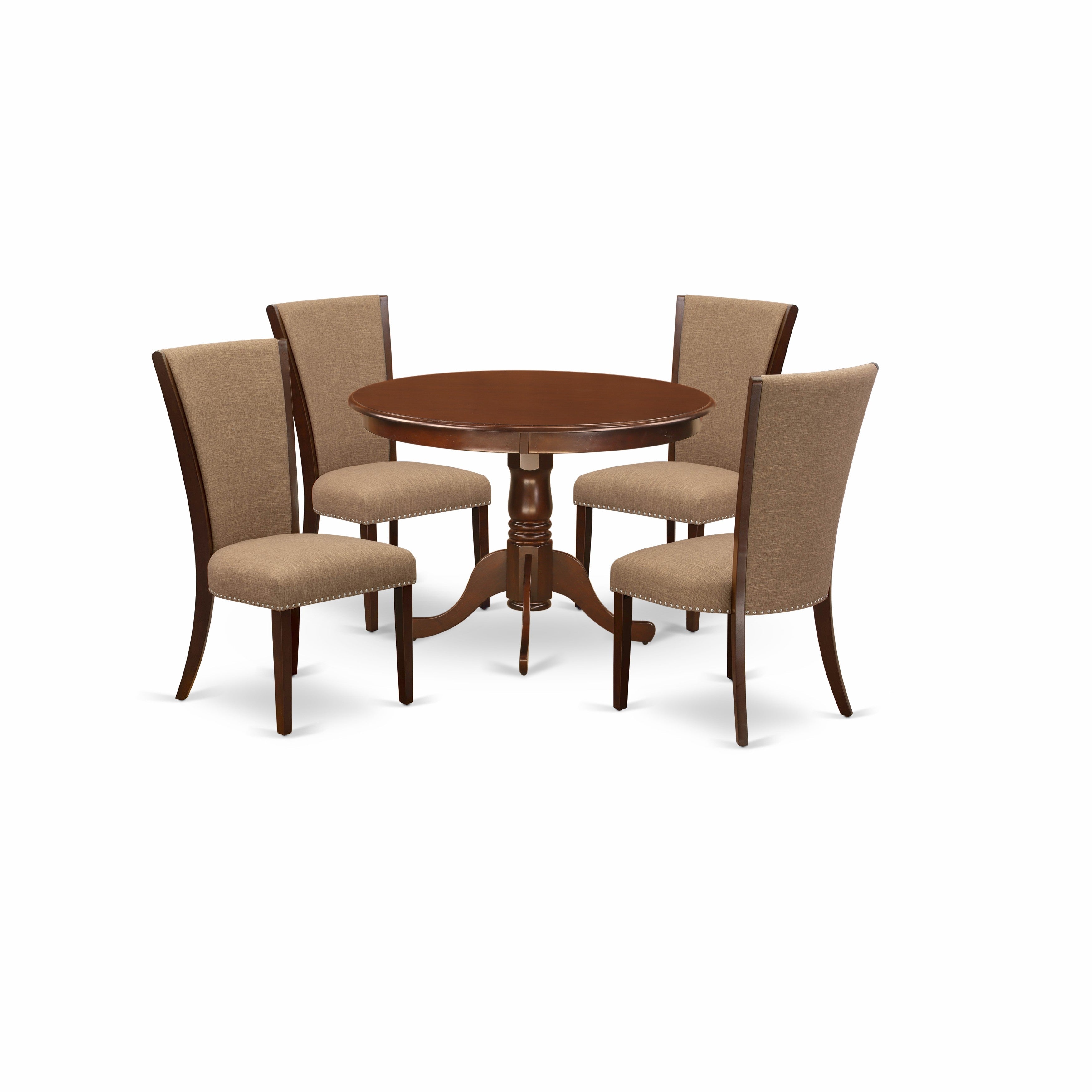 EAST WEST FURNITURE - HLVE5-MAH-47 - 5 Piece Modern Dining Set - 4 Light Sable Linen Fabric Mid Century Dining Chairs with High Back and 1 Gorgeous Round Kitchen Table - Mahogany Finish