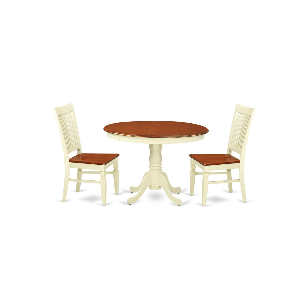 East West Furniture HLWE3-BMK-W 3 Piece Dinette Set for Small Spaces Contains a Round Dining Table with Pedestal and 2 Dining Chairs, 42x42 Inch, Buttermilk & Cherry