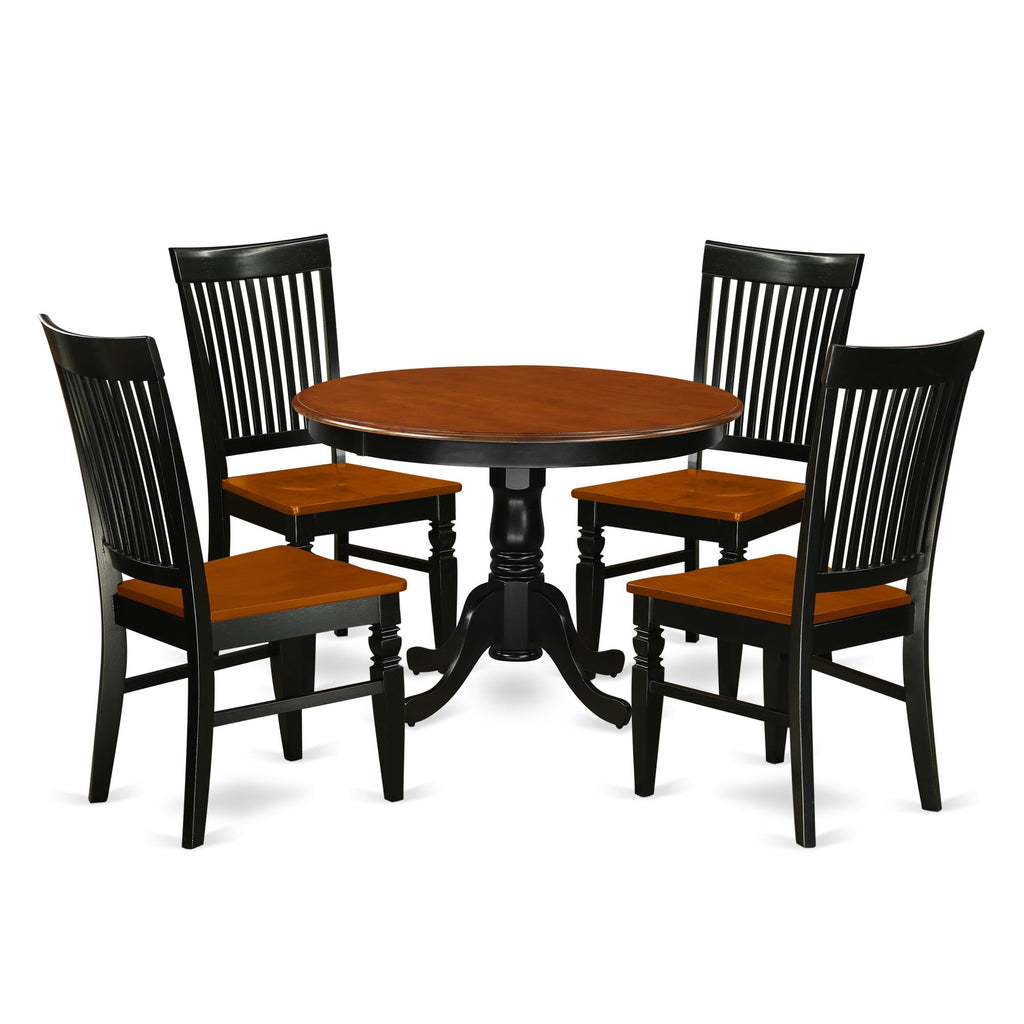 East West Furniture HLWE5-BCH-W 5 Piece Modern Dining Table Set Includes a Round Wooden Table with Pedestal and 4 Dining Chairs