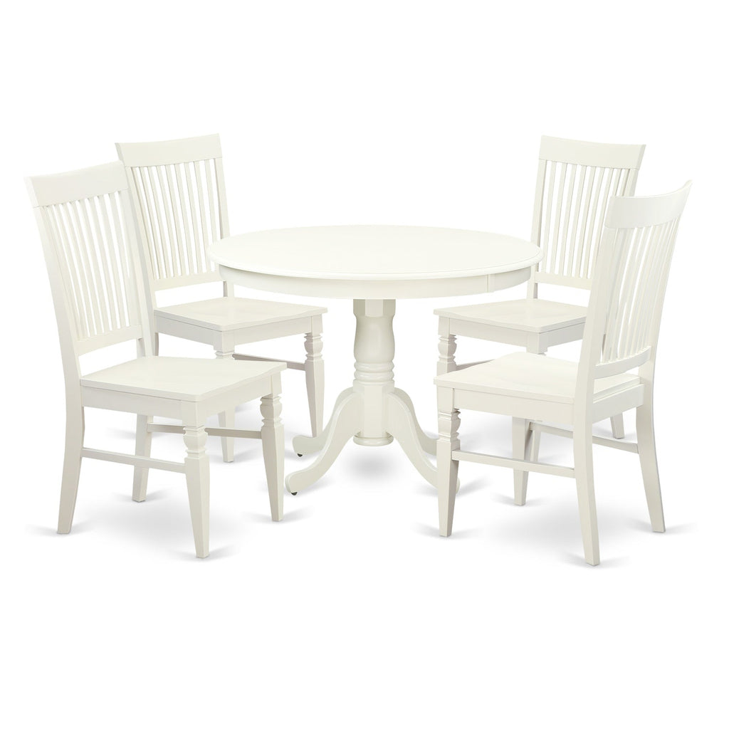 East West Furniture HLWE5-LWH-W 5 Piece Dining Set Includes a Round Dining Table with Pedestal and 4 Kitchen Chairs