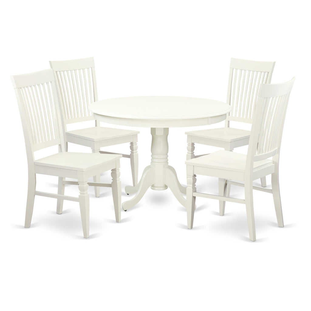 East West Furniture HLWE5-LWH-W 5 Piece Dining Set Includes a Round Dining Table with Pedestal and 4 Kitchen Chairs, 42x42 Inch, Linen White