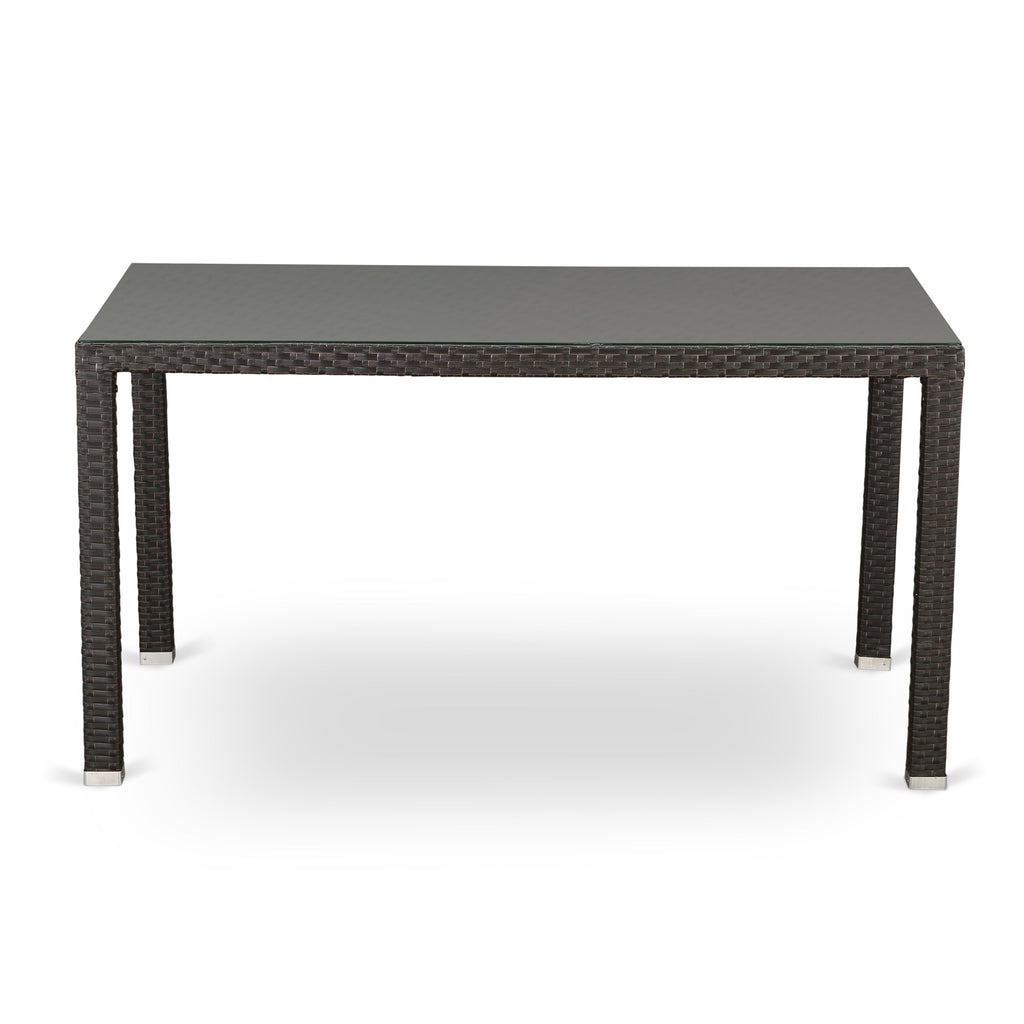 Los conjuntos de conversación para patio al aire libre de 7 piezas MALU7-63S de East West Furniture constan de una mesa de comedor rectangular de mimbre con tapa de vidrio y 6 sillones de jardín con cojín.