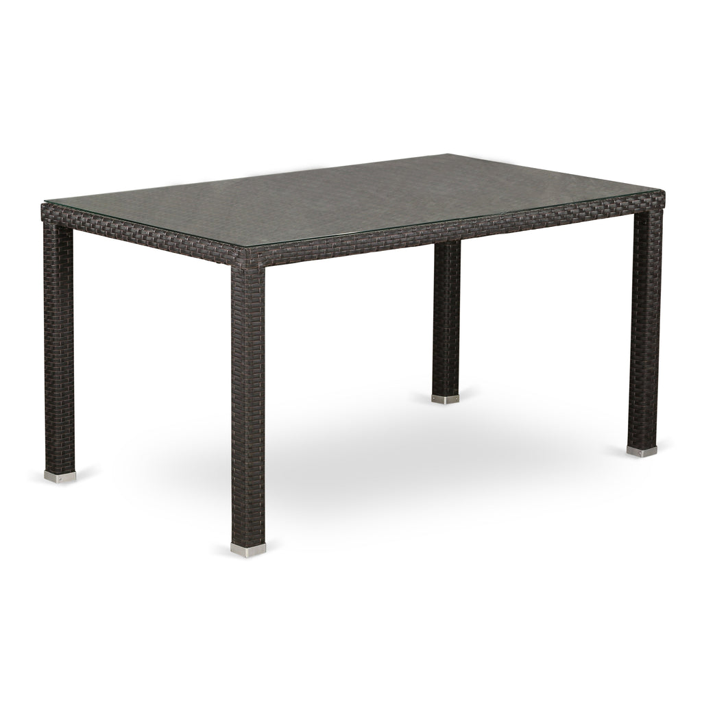 Los conjuntos de conversación para patio al aire libre de 7 piezas MALU7-63S de East West Furniture constan de una mesa de comedor rectangular de mimbre con tapa de vidrio y 6 sillones de jardín con cojín.