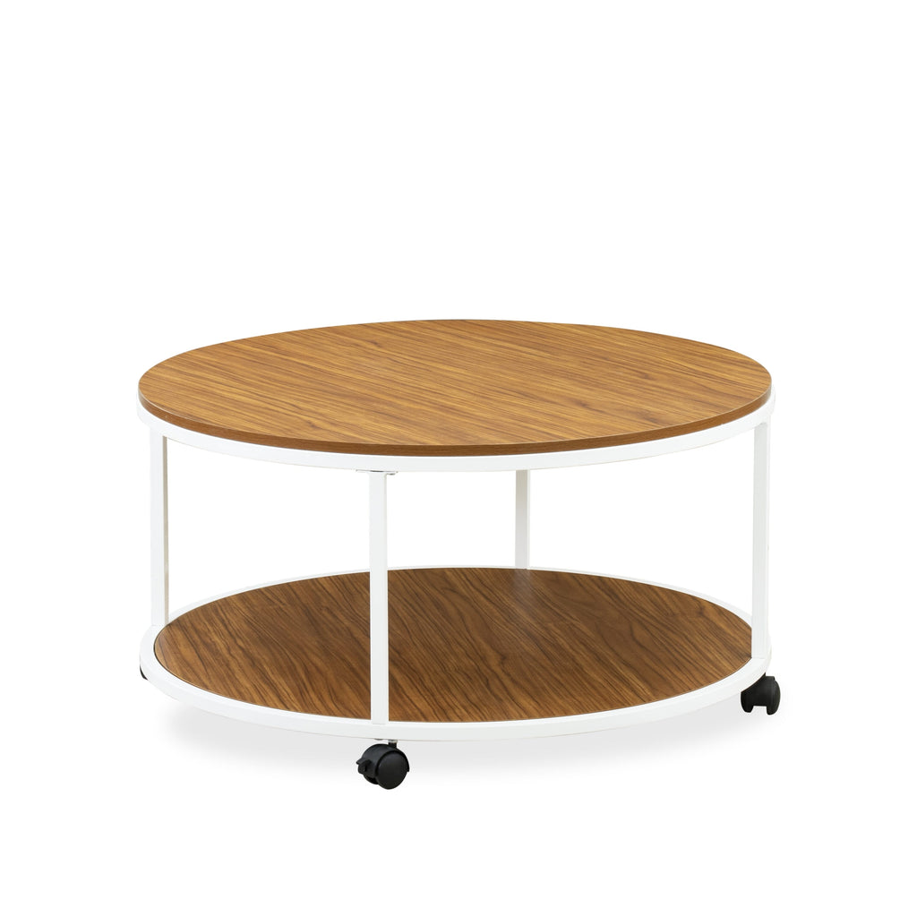 East West Furniture HRCTW01 Harley Coffee Table - Round Mid Century Modern Center Table with 2 Tier  for Living Room, 35 Inch, Powder Coating White Frame and Brown Wood Laminate Top