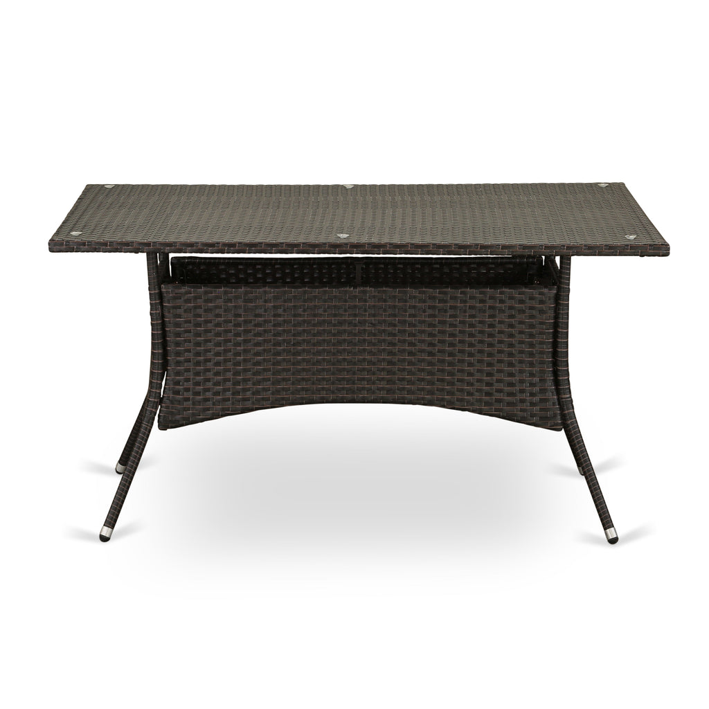 East West Furniture HVLTG63S Valencia Patio Bistro Wicker Dining Table - Rectangle PE Wicker Table with Glass Top, 36x55 Inch, Dark Brown