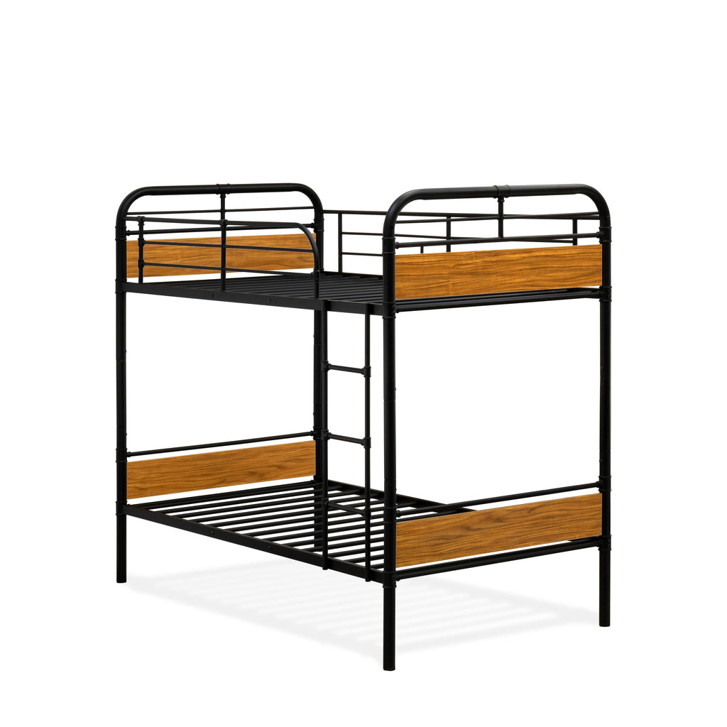 East West Furniture HYT0B01-1 Hedley Bunk Bed Frame with 4 Metal Legs - Magnificent Twin Bed in Powder Coating Black Color and Wea Ther Wood Laminate