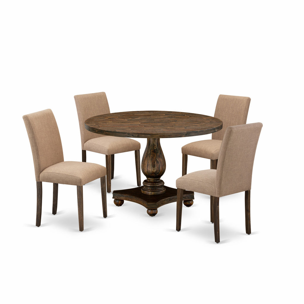 Juego de mesa de comedor de 5 piezas East West Furniture I2AB5-747 para 4 personas. Incluye una mesa de cocina redonda con pedestal y 4 sillas tapizadas en tela de lino color sable claro.