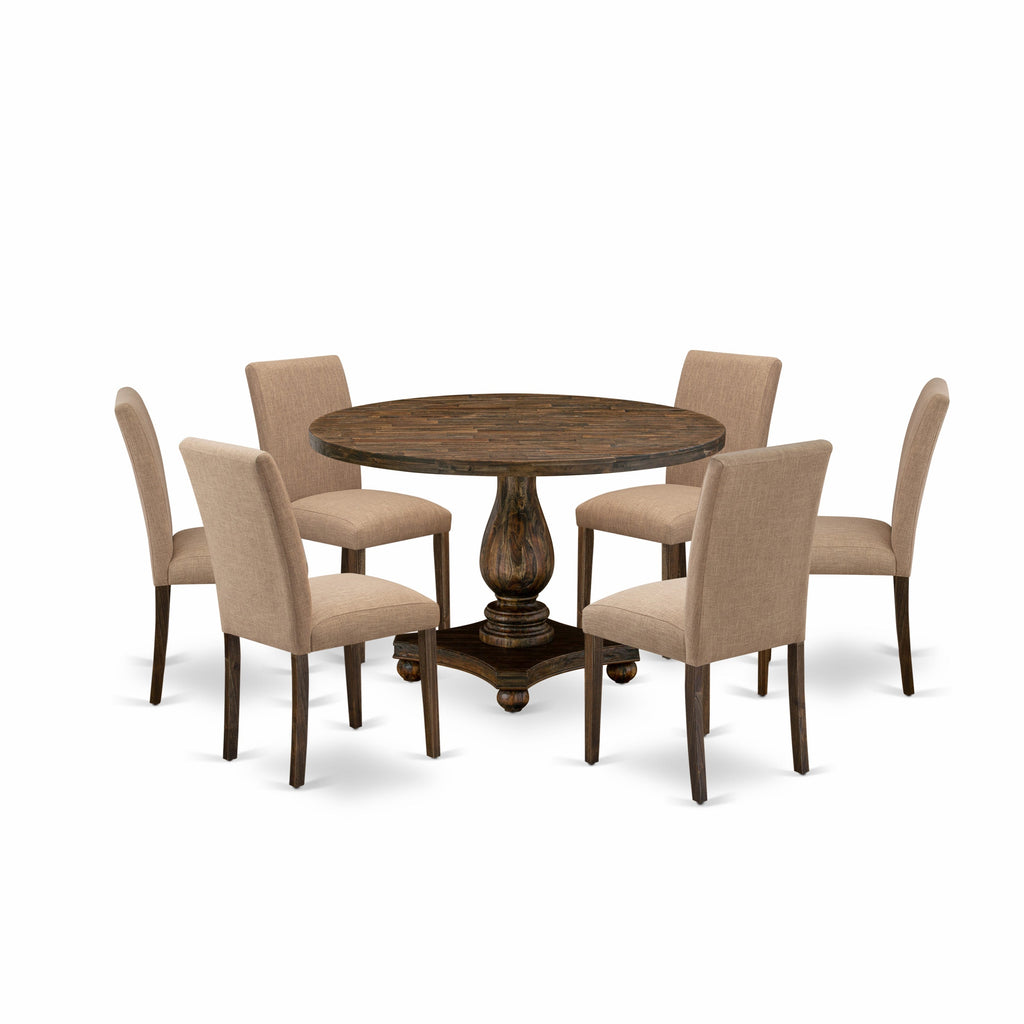 East West Furniture I2AB7-747 7 Piece Dining Table Set Includes a Dining Room Table and 6 Light Sable Linen Fabric Mid Century Modern Chairs with High Back - Distressed Jacobean Finish
