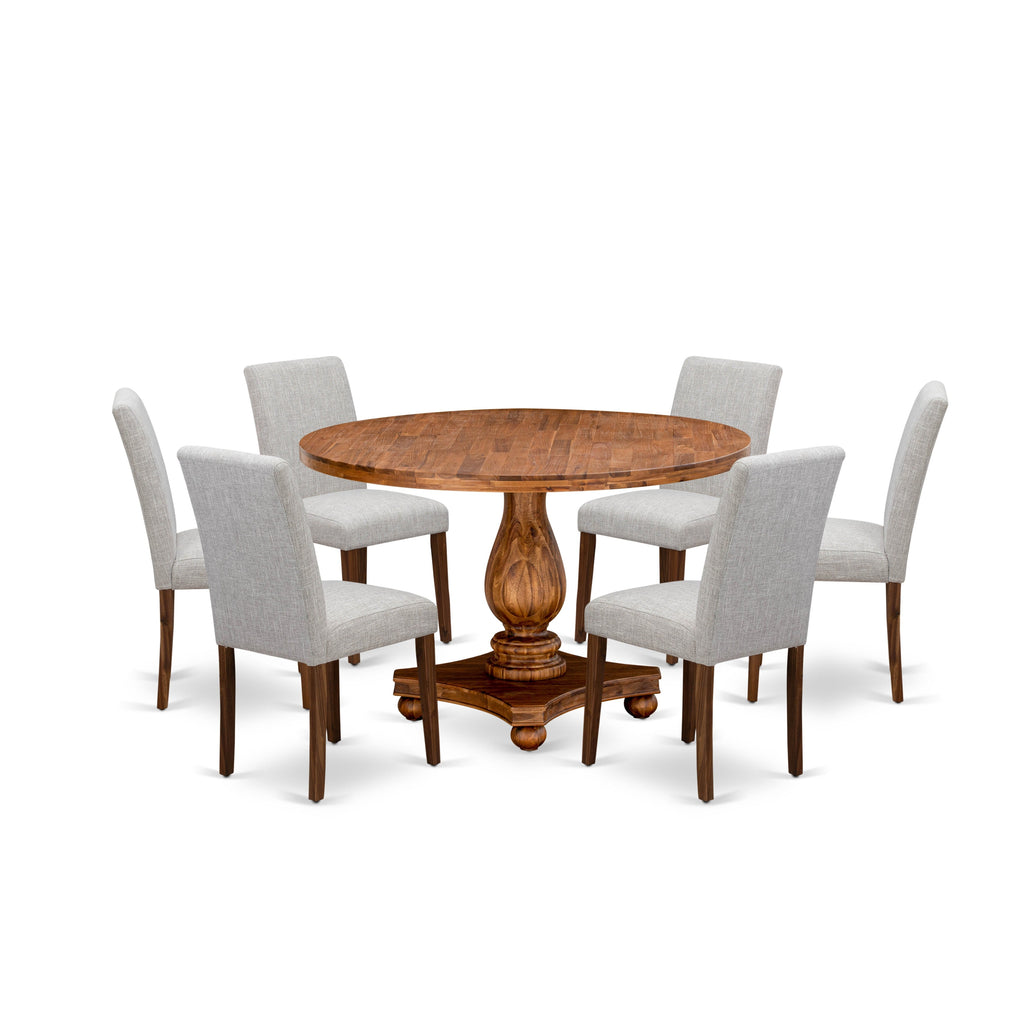 Juego de mesa de comedor de 7 piezas East West Furniture I2AB7-N35 compuesto por una mesa de comedor redonda con pedestal y 6 sillas tapizadas en tela de lino y piel de venado.