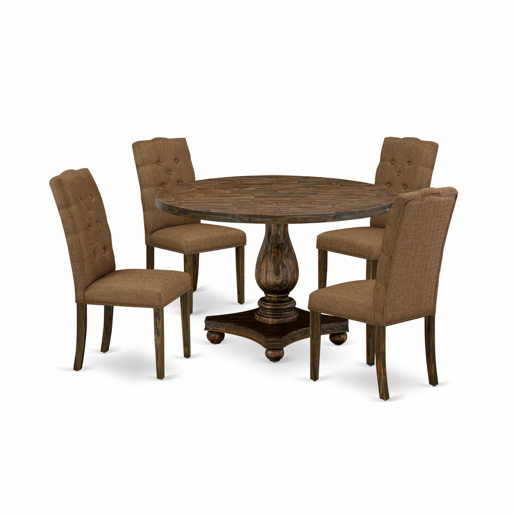 East West Furniture I2EL5-718 5 Piece Modern Dining Table Set Includes a Modern Kitchen Table and 4 Brown Linen Fabric Dining Chairs with Button Tufted Back - Distressed Jacobean Finish