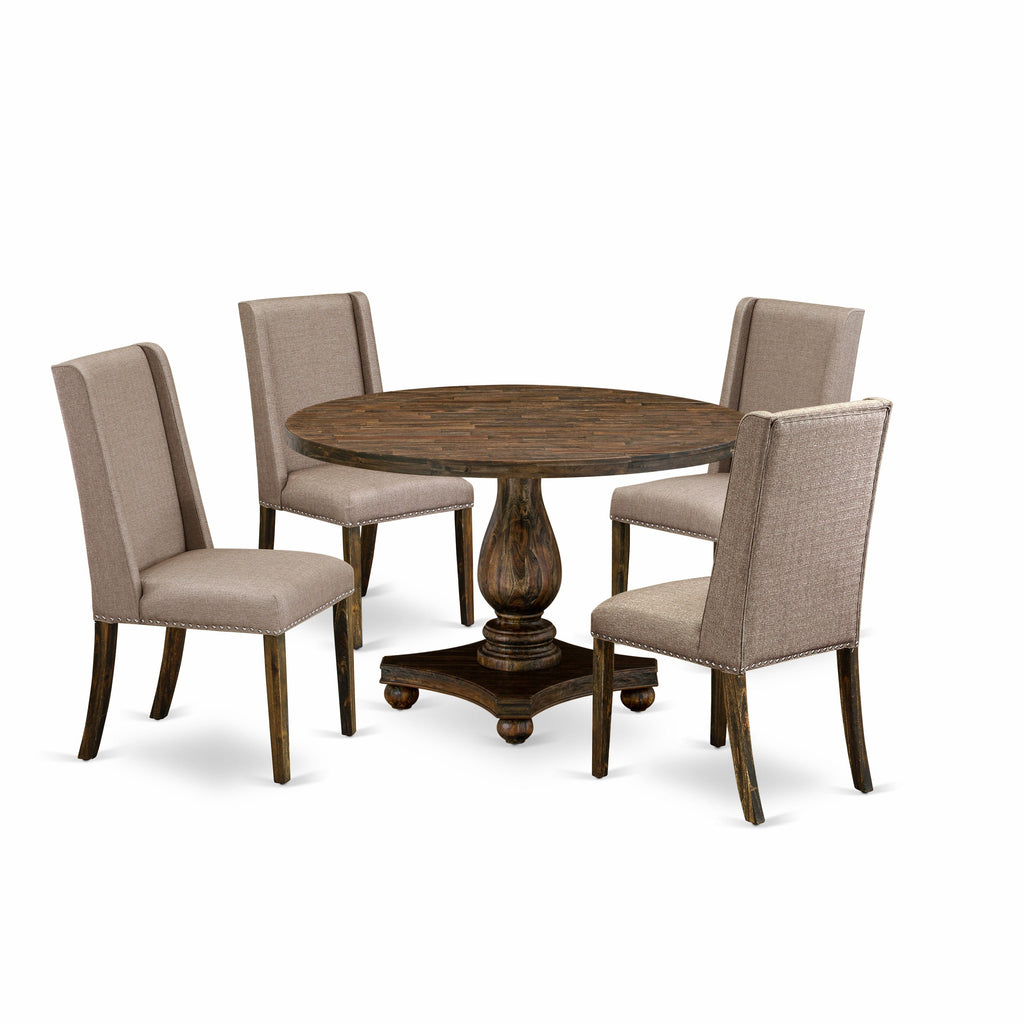 East West Furniture I2FL5-716 5 Piece Dining Room Table Set Includes a Round Kitchen Table with Pedestal and 4 Dark Khaki Linen Fabric Parson Dining Chairs
