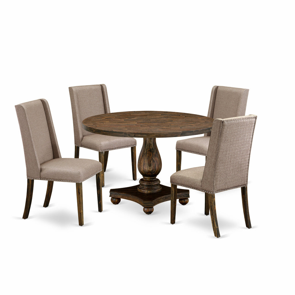 East West Furniture I2FL5-716 5 Piece Dining Room Table Set Includes a Round Kitchen Table with Pedestal and 4 Dark Khaki Linen Fabric Parson Dining Chairs, 48x48 Inch, Distressed Jacobean