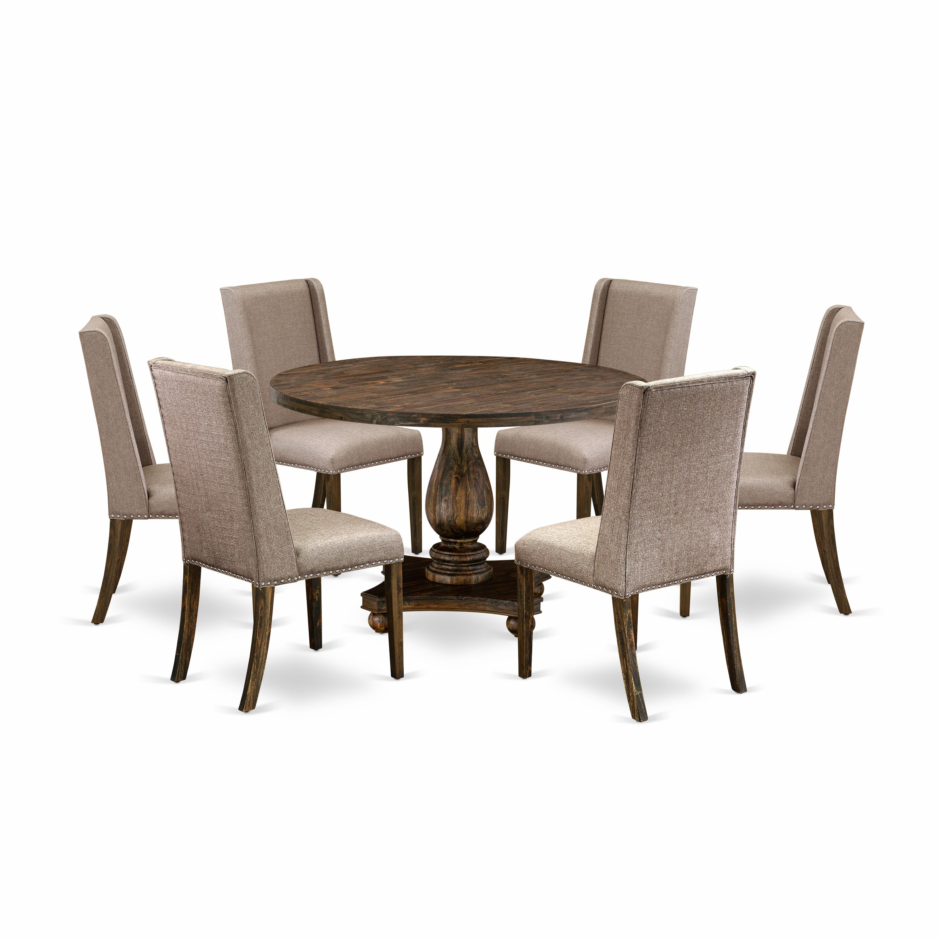 Juego de comedor de 7 piezas East West Furniture I2FL7-716 compuesto por una mesa de comedor redonda con pedestal y 6 sillas Parson tapizadas en tela de lino color caqui oscuro.
