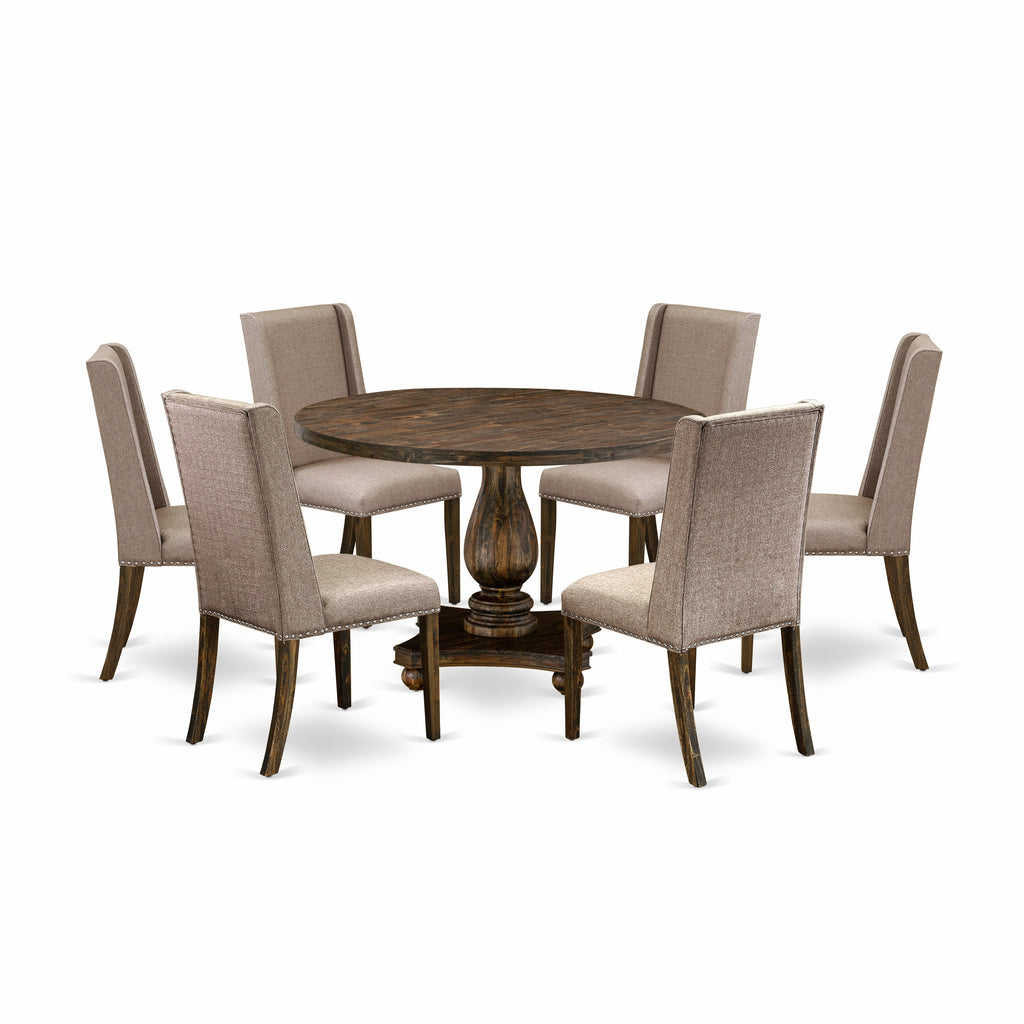 East West Furniture I2FL7-716 7 Piece Dining Set Consist of a Round Dining Room Table with Pedestal and 6 Dark Khaki Linen Fabric Upholstered Parson Chairs