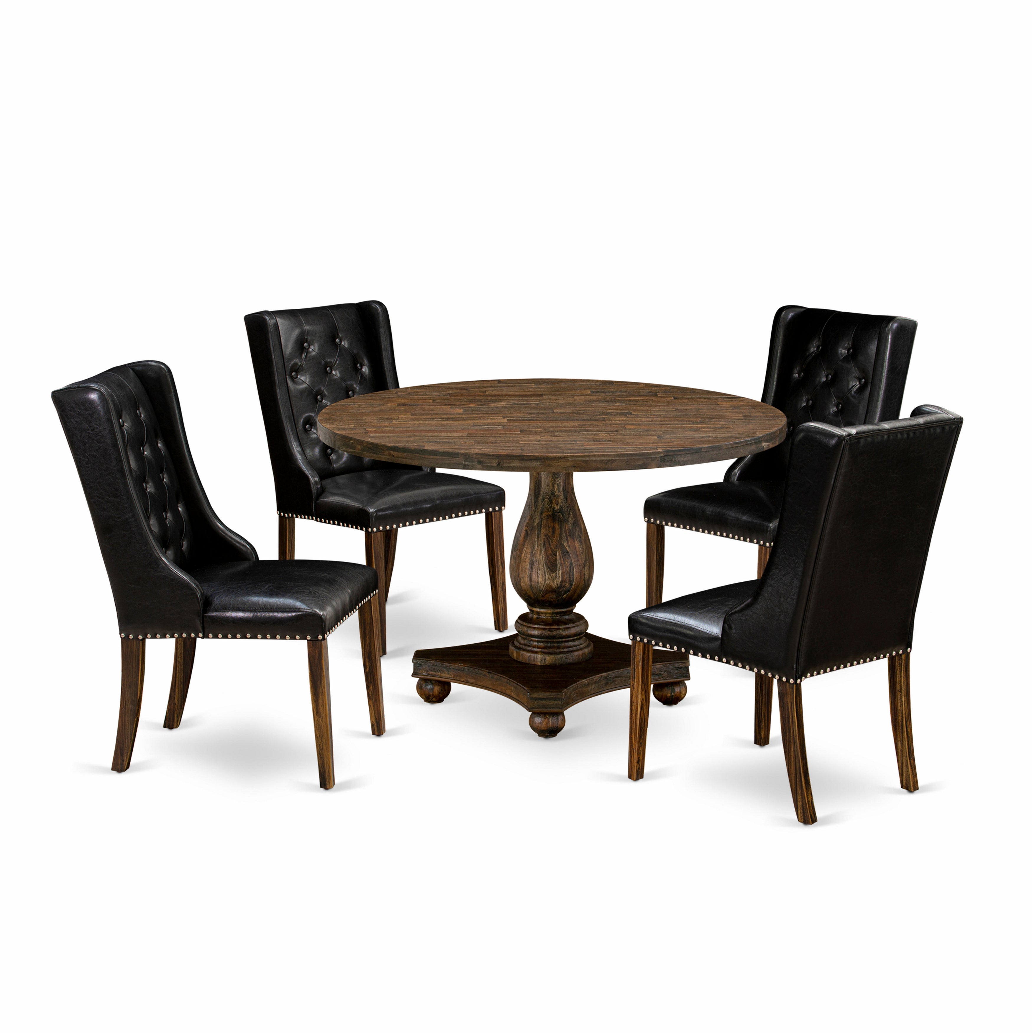 Juego de comedor de 5 piezas East West Furniture I2FO5-749. Incluye una mesa de comedor redonda con pedestal y 4 sillas tapizadas en piel sintética negra.