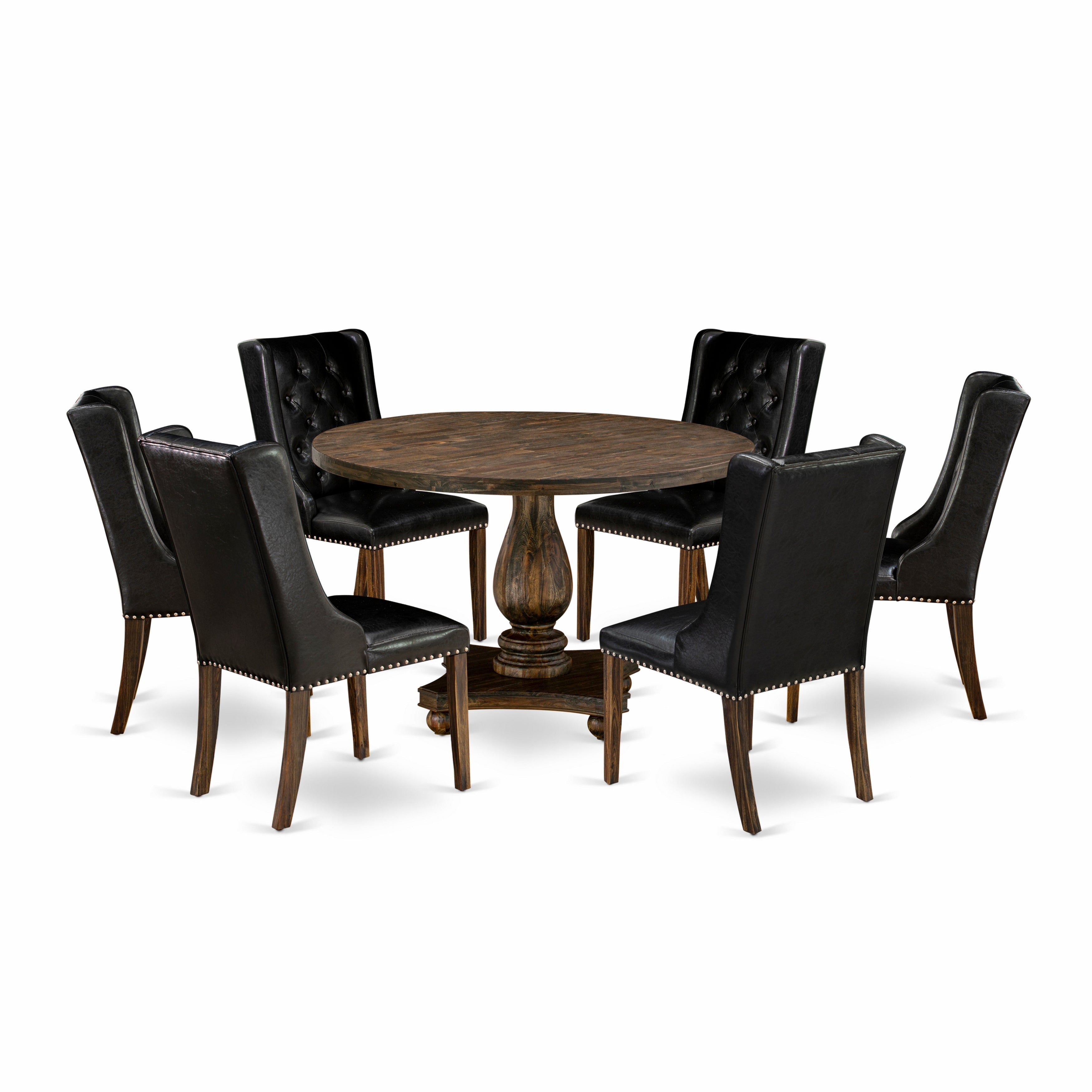 East West Furniture I2FO7-749 7 Piece Dinette Set Contains a Dining Table and 6 Black PU faux Leather Mid Century Dining Chairs with Button Tufted Back - Distressed Jacobean Finish