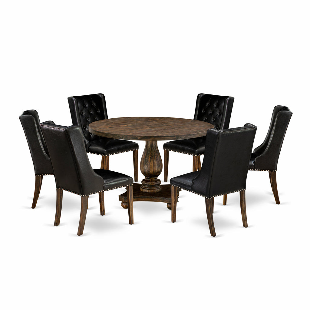 Juego de comedor de 7 piezas East West Furniture I2FO7-749 compuesto por una mesa de comedor redonda con pedestal y 6 sillas tapizadas en piel sintética negra.