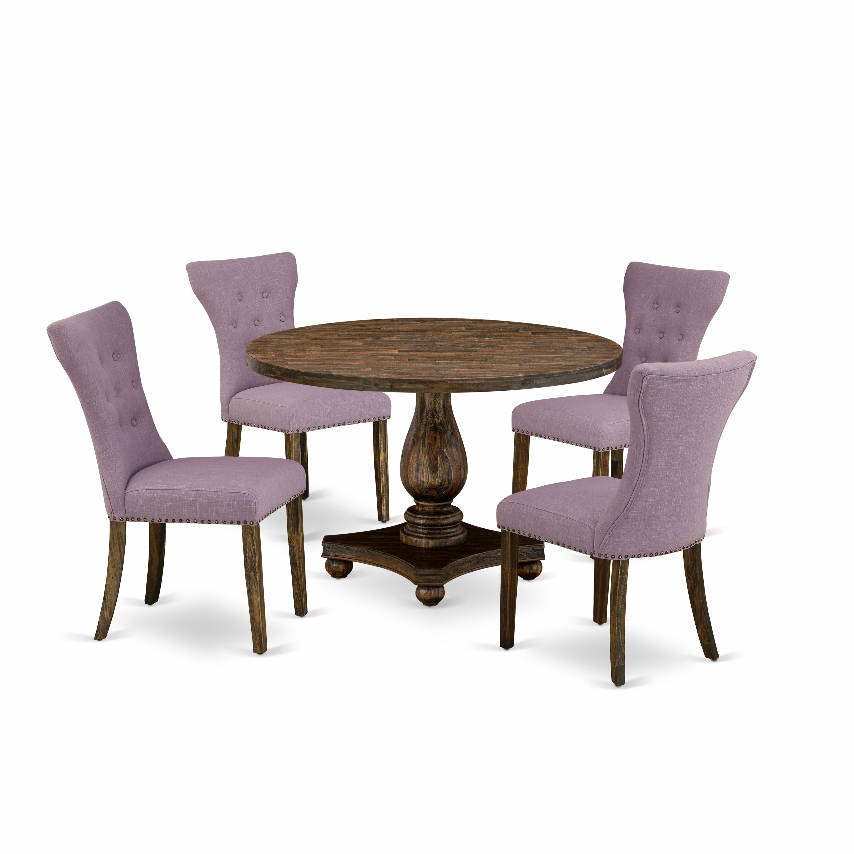 Juego de comedor de 5 piezas East West Furniture I2GA5-740 para 4 personas. Incluye una mesa de comedor redonda con pedestal y 4 sillas Parson tapizadas en tela de lino Dahlia.