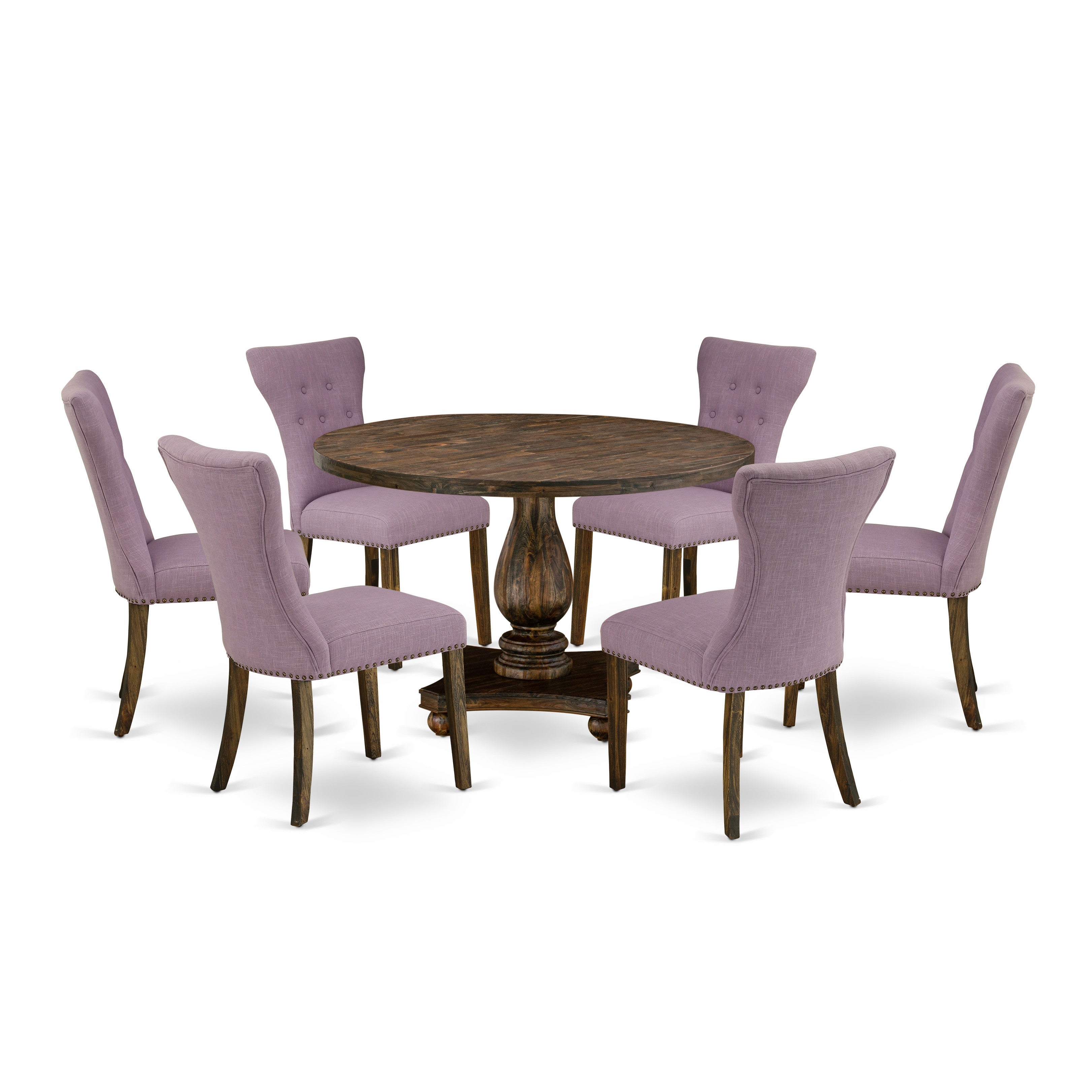 Juego de comedor East West Furniture I2GA7-740 de 7 piezas compuesto por una mesa de comedor redonda con pedestal y 6 sillas Parson tapizadas en tela de lino Dahlia.