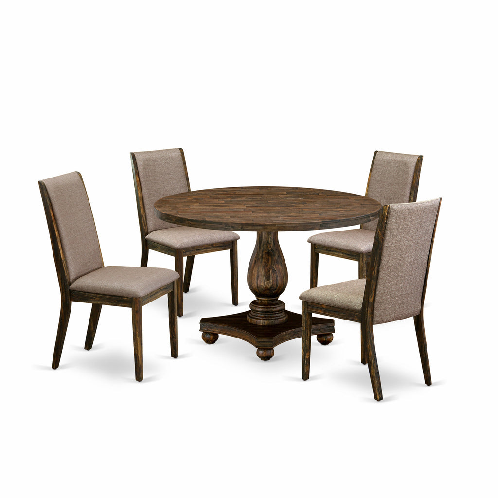 Juego de comedor de 5 piezas East West Furniture I2LA5-716. Incluye una mesa de comedor redonda con pedestal y 4 sillas Parson tapizadas en tela de lino color caqui oscuro.