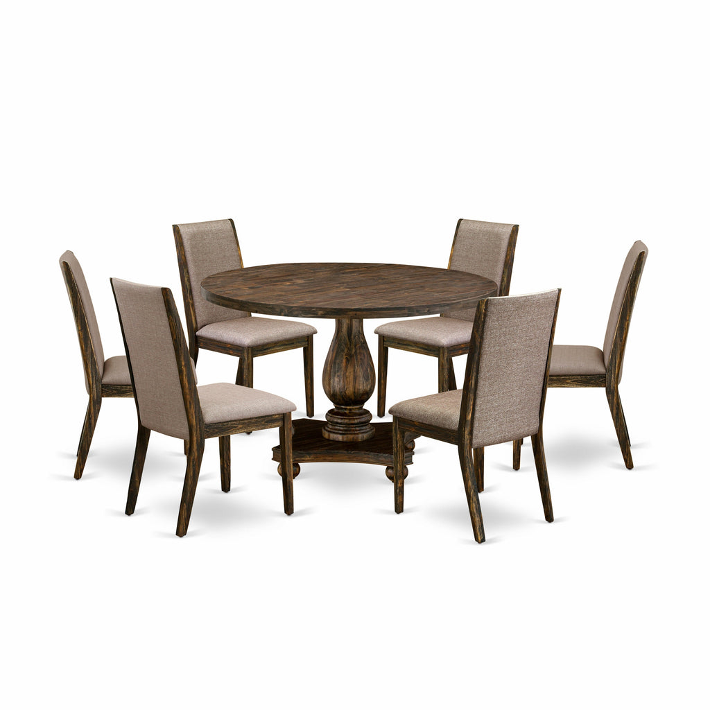 Juego de mesa de comedor de 7 piezas East West Furniture I2LA7-716 compuesto por una mesa de comedor redonda con pedestal y 6 sillas tapizadas en tela de lino color caqui oscuro.