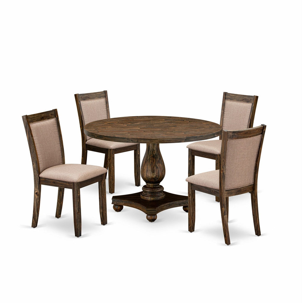 East West Furniture I2MZ5-716 5 Piece Dining Table Set for 4 Includes a Round Kitchen Table with Pedestal and 4 Dark Khaki Linen Fabric Parson Dining Chairs, 48x48 Inch, Distressed Jacobean
