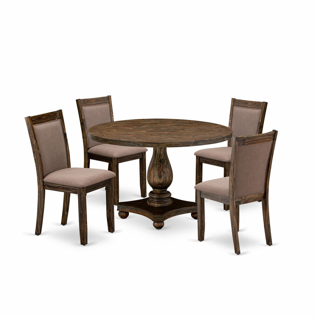 East West Furniture I2MZ5-748 5 Piece Kitchen Table Set for 4 Includes a Round Dining Room Table with Pedestal and 4 Coffee Linen Fabric Parsons Dining Chairs, 48x48 Inch, Distressed Jacobean