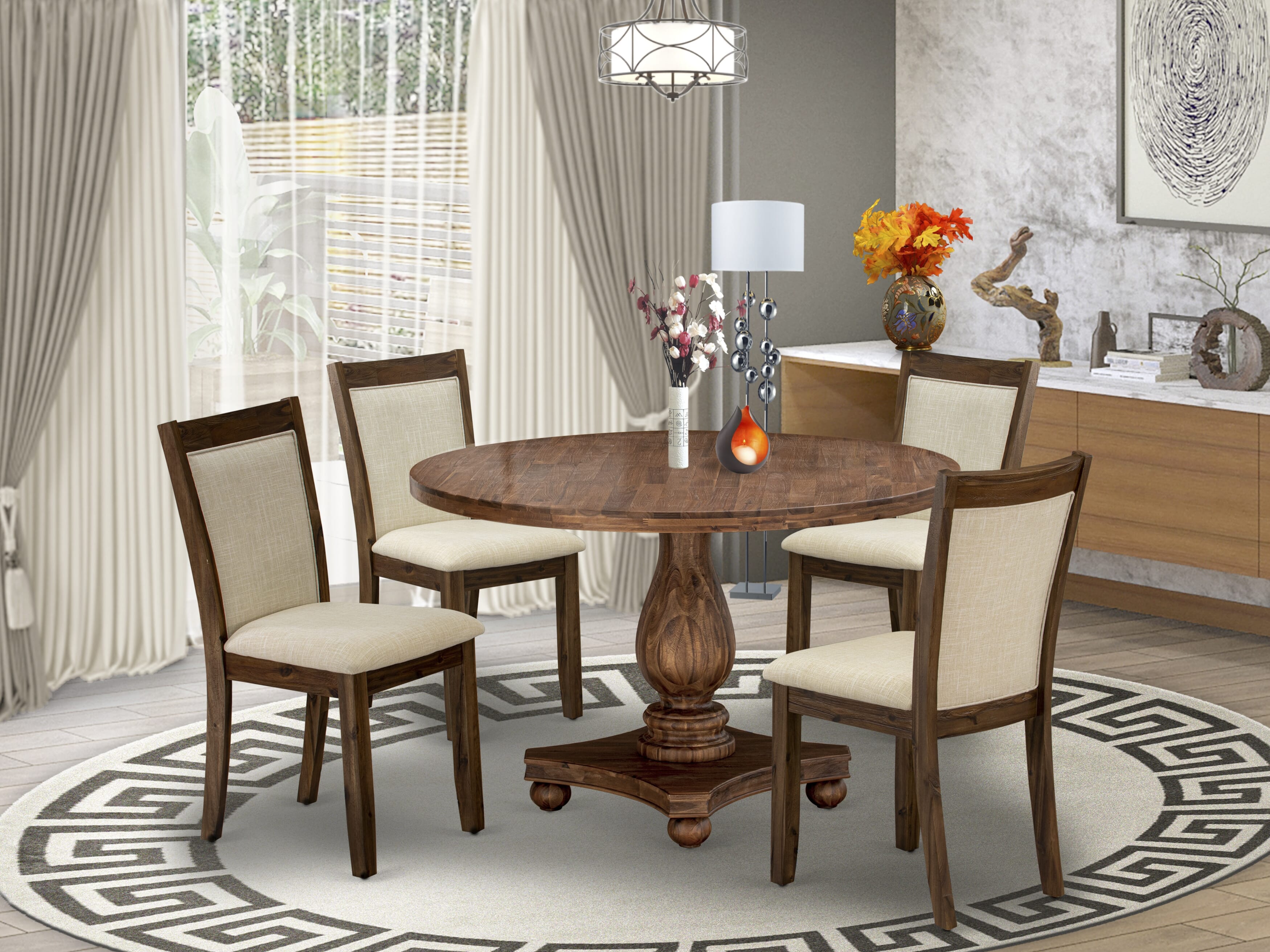 East West Furniture I2MZ5-N02 5-Pc Modern Dining Set - Modern Dining Table and 4 Light Beige Color Parson Kitchen Chairs with High Back - Antique Walnut Finish