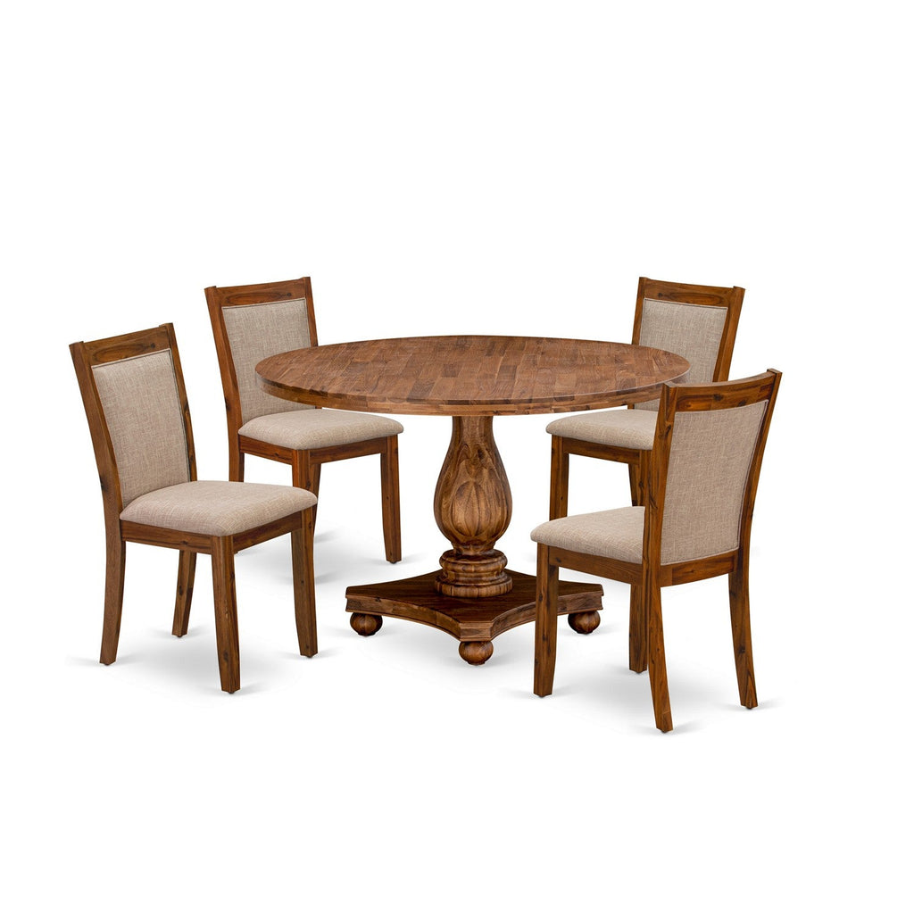 East West Furniture I2MZ5-N04 5 Piece Dining Room Table Set Includes a Round Kitchen Table with Pedestal and 4 Light Tan Linen Fabric Parson Dining Chairs, 48x48 Inch, Antique Walnut
