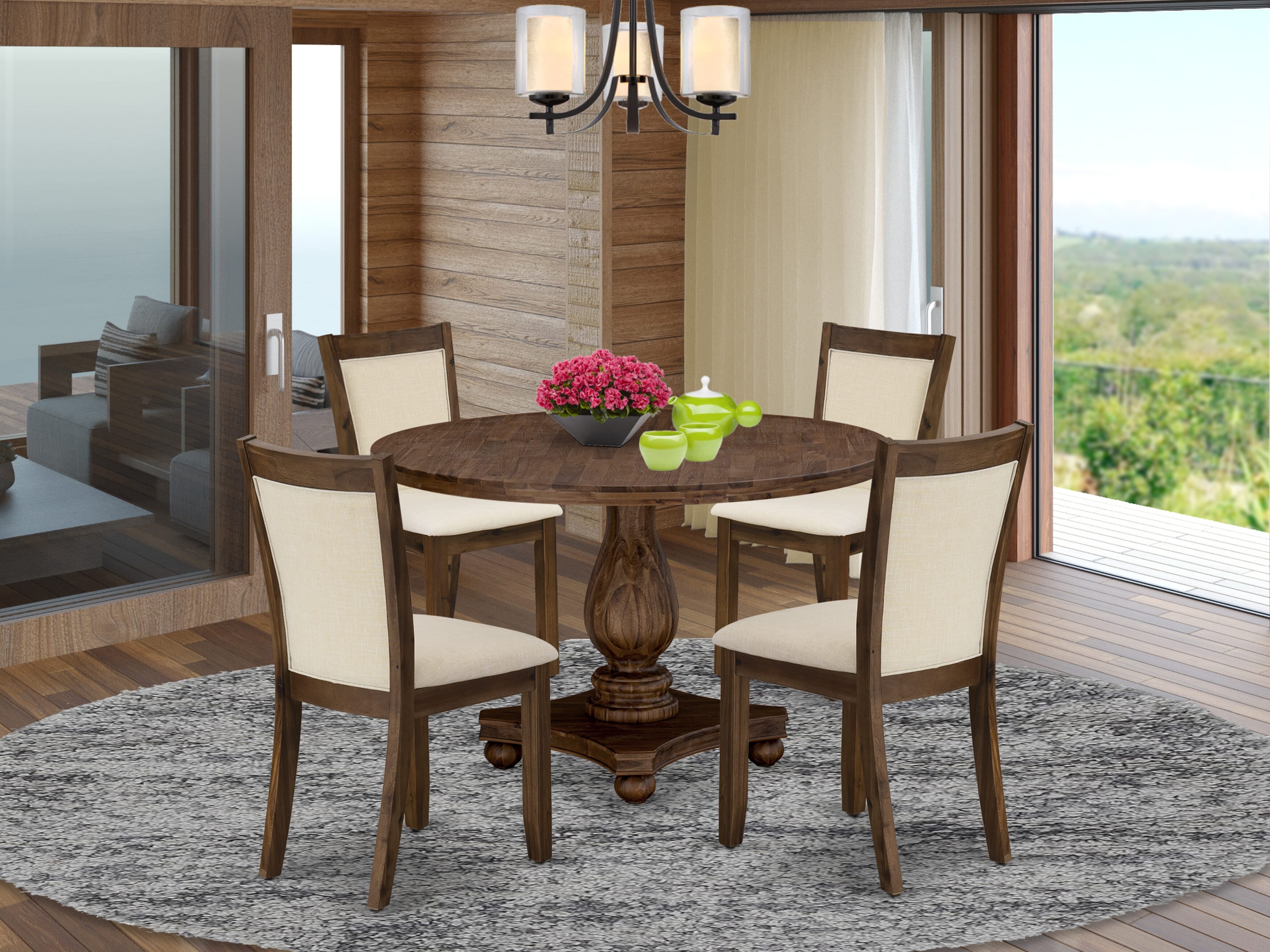 East West Furniture I2MZ5-NN-32 5-Pcs Dining Table Set - A Modern Kitchen Table and 4 Light Beige Linen Fabric Dining Room Chairs with Stylish Back (Sand Blasting Antique Walnut Finish)