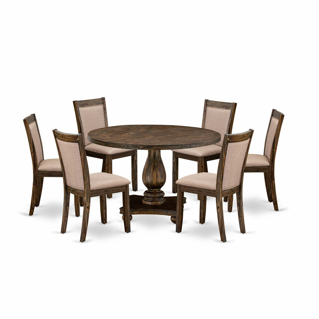 East West Furniture I2MZ7-716 7 Piece Modern Dining Table Set Consist of a Round Wooden Table with Pedestal and 6 Dark Khaki Linen Fabric Upholstered Chairs