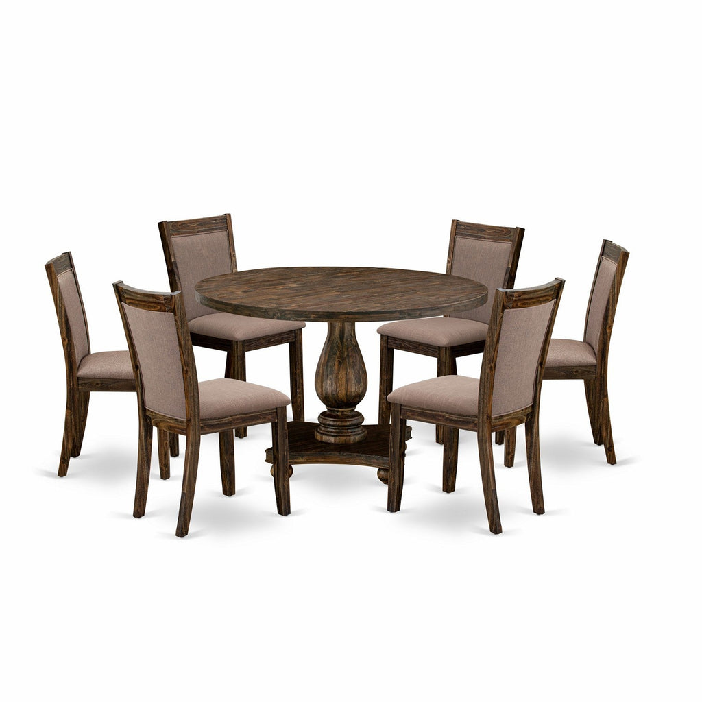 East West Furniture I2MZ7-748 7 Piece Modern Dining Table Set Consist of a Round Wooden Table with Pedestal and 6 Coffee Linen Fabric Upholstered Chairs